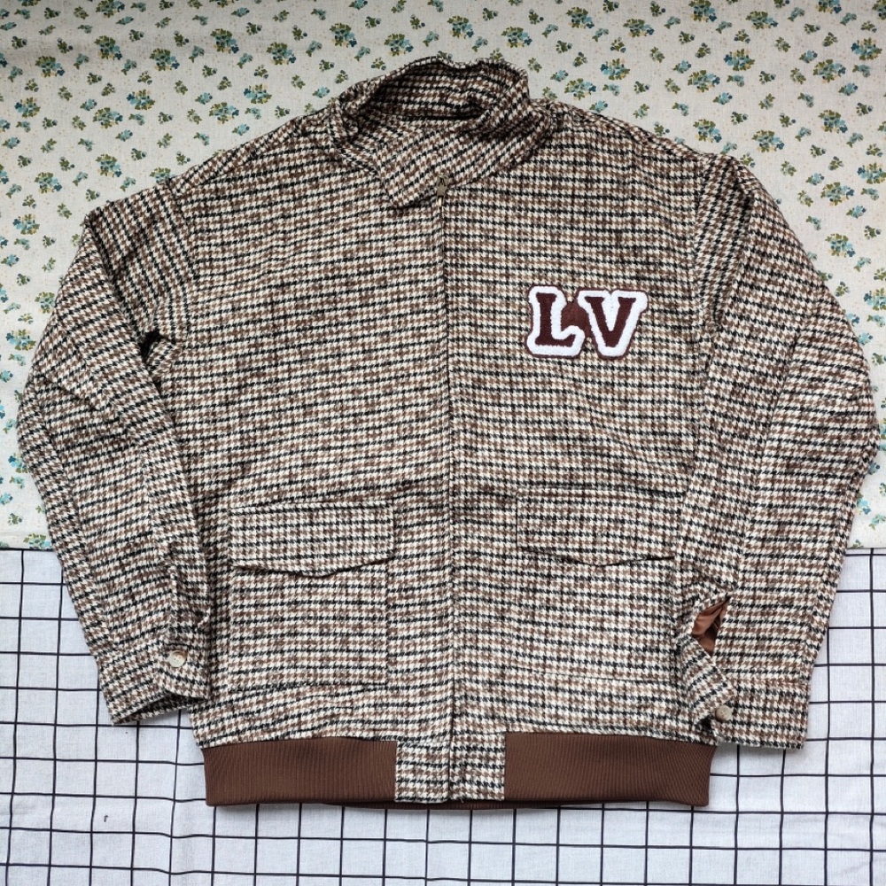 Louis Vuitton Brown & Cream Houndstooth Bomber Jacket with LV Patch